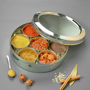 AVIAS Stainless Steel Elegant Spice box/Organiser with SS lid for kitchen | Rust resistant masala dabba/ masala dani with 7 compartments and steel spoon | Small/medium